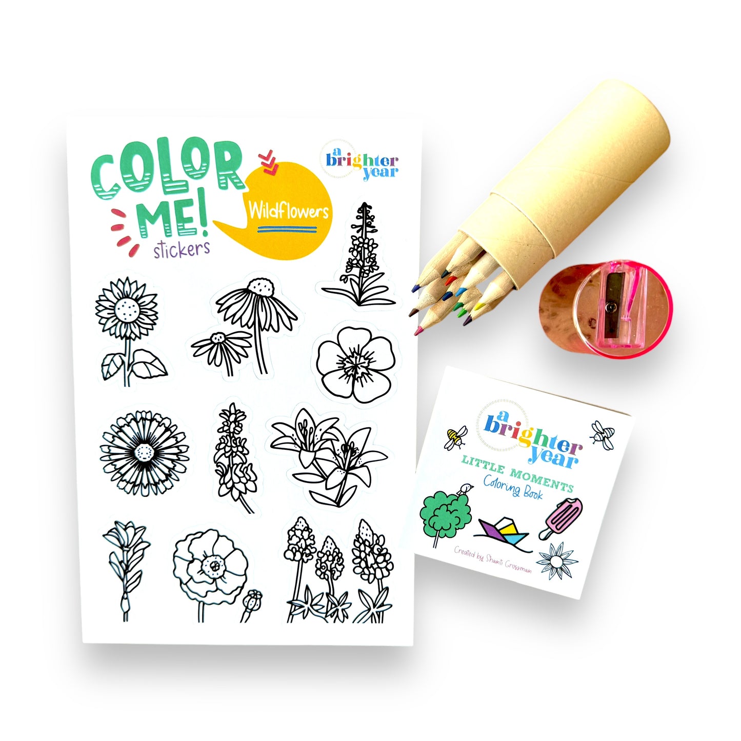 Gift Bundle with Mini Coloring Book, Sticker Sheet and Colored Pencils