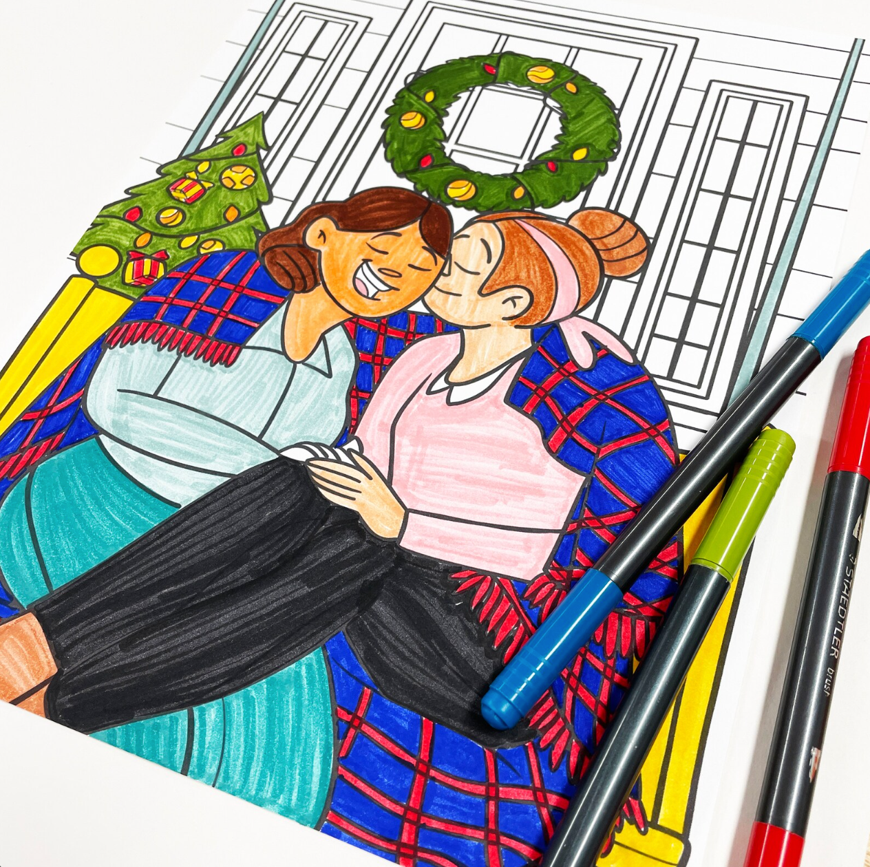 LGBTQIA+ Lesbian Christmas Holiday Digital Download Coloring Page