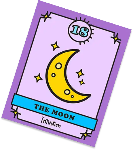 A color your own tarot card titled 'THE MOON' with 'Intuition' written at the bottom, featuring a yellow crescent moon, stars, the number 18, and a lavender card design on a white background.