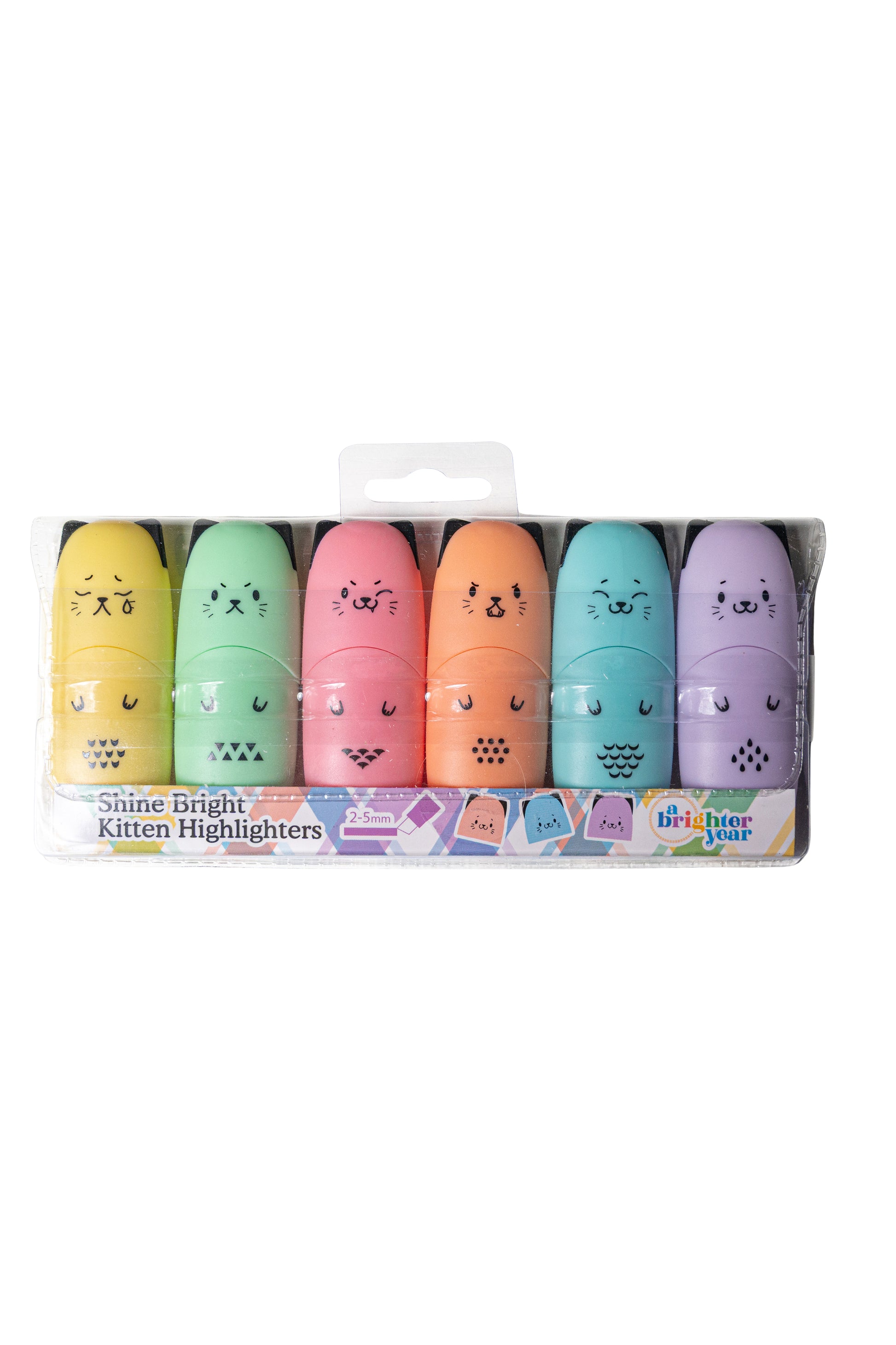 A 6-pack of Shine Bright Kitten Highlights markers in a clear plastic blister pack. The markers are pastel yellow, mint green, pink, orange, teal blue, and lavender purple, each designed to look like a cute kitten face.