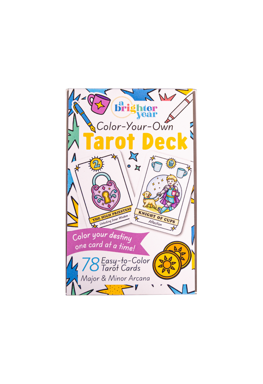A boxed tarot deck package labeled 'A Brighter Year Your Color-Your-Own Tarot Deck' on a plain white background. The box shows colorful tarot card illustrations, including a purple heart card and a knight card, along with text about 78 easy-to-color tarot cards.