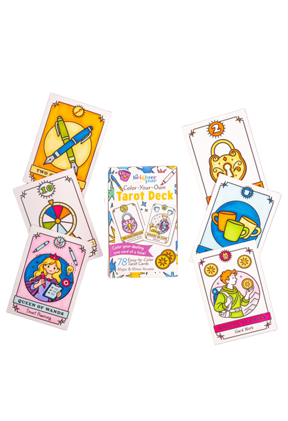 A color your own tarot deck set displayed on a white background from the brand A Brighter Year, featuring several illustrated cards fanned out around the center box and the product box in the middle.