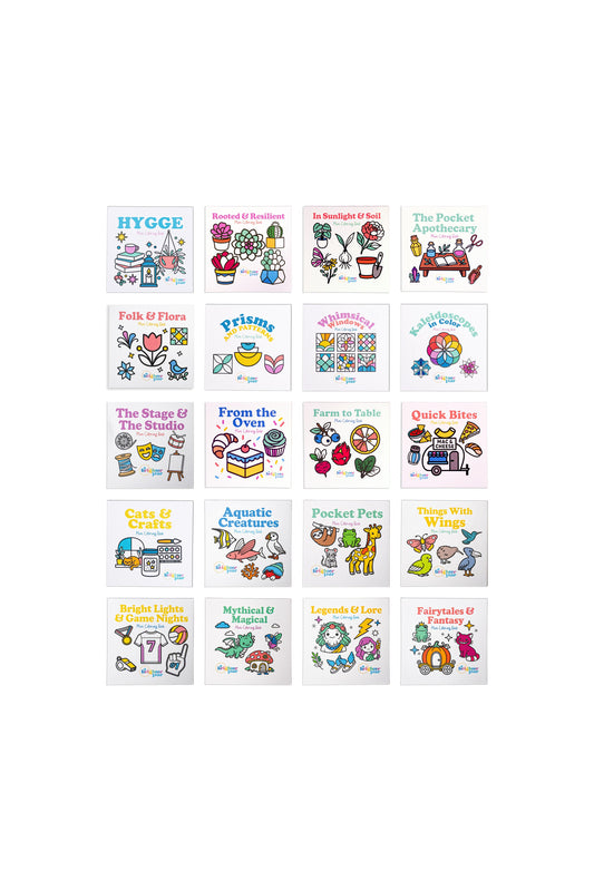 Twenty A Brighter Year mini coloring books laid out in a grid, including Hygge, Folk & Flora, From the Oven, Pocket Pets and Fairytales & Fantasy